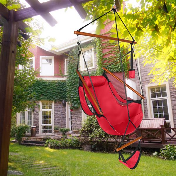 Oxford Cloth Hardwood With Cup Holder Wooden Stick Perforated 100kg Seaside Courtyard Oxford Cloth Hanging Chair   Red