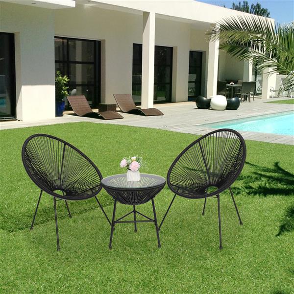 3-Piece All-Weather Patio Acapulco Bistro Furniture Set with 2 Chairs & Glass Top Table Black
