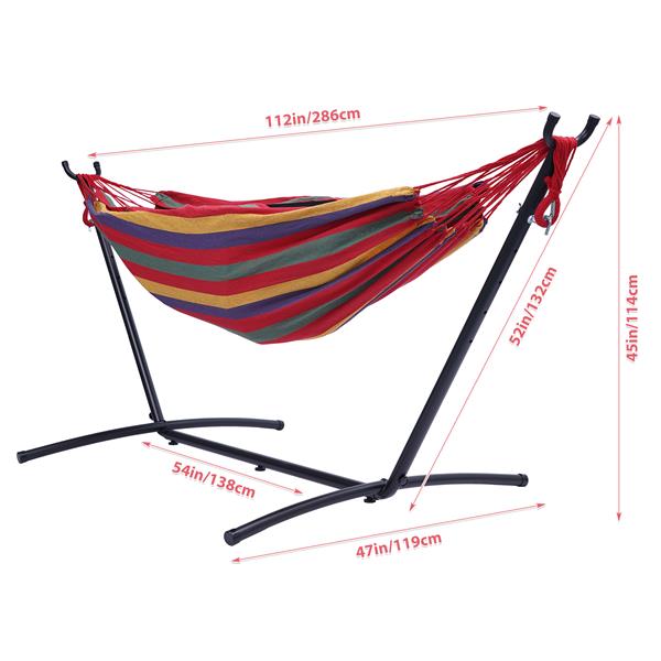 112" Large Size Double Classic Hammock with Stand for 2 Person- Indoor or Outdoor Use-with Carrying Pouch-Powder-coated Steel Frame - Durable 450 Pound Capacity，Red Striped