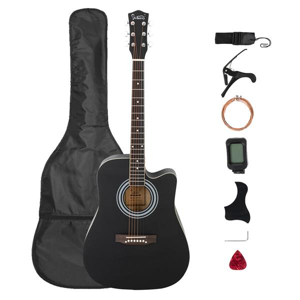 [Do Not Sell on Amazon]Glarry Gt509 41 Inch Spruce Panel Matte Edging EQ Folk Guitar Bag Shield Wrench Tuner Capo Shoulder Strap String Paddles Black