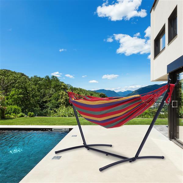 112" Large Size Double Classic Hammock with Stand for 2 Person- Indoor or Outdoor Use-with Carrying Pouch-Powder-coated Steel Frame - Durable 450 Pound Capacity，Red Striped