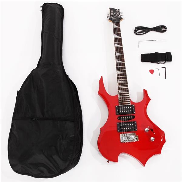 [Do Not Sell on Amazon]Glarry Flame Shaped Electric Guitar with 20W Electric Guitar Sound HSH Pickup Novice Guitar   Audio   Bag   Strap   Picks   Shake   Cable   Wrench Tool Red