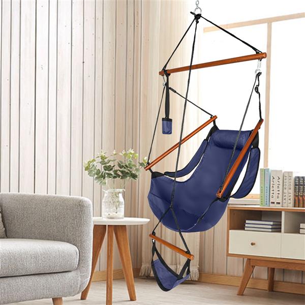 Oxford Cloth Hardwood With Cup Holder Wooden Stick Perforated 100kg Seaside Courtyard Oxford Cloth Hanging Chair   Blue