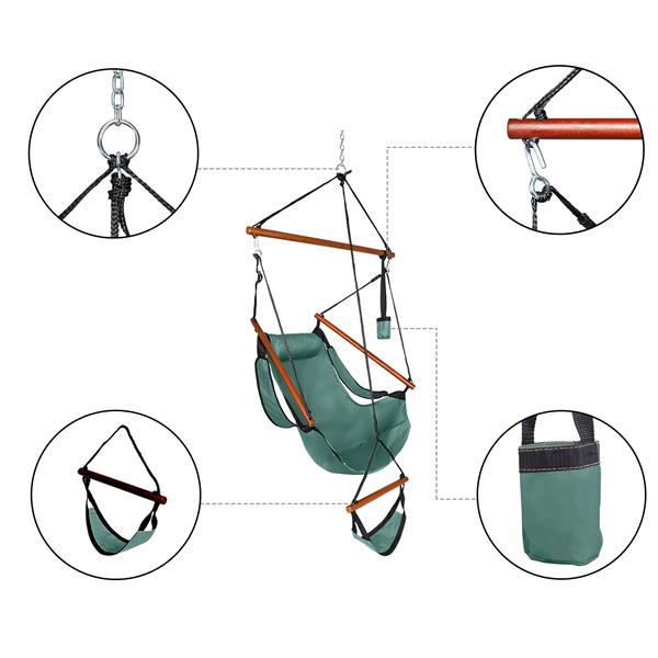 Oxford Cloth Hardwood With Cup Holder Wooden Stick Perforated 100kg Seaside Courtyard Oxford Cloth Hanging Chair   Green