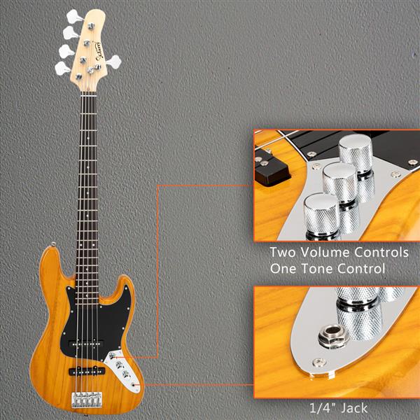 [Do Not Sell on Amazon]Glarry Gjazz Electric 5 String Bass Guitar Full Size Bag   Strap   Pick   Connector   Wrench Tool Transparent Yellow