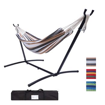 112\\"Large Size  Classic Hammock with Stand for 2 Person- Indoor or Outdoor Use-with Carrying Pouch-Powder-coated Steel Frame - Durable 450 Pound Capacity，Brown/Gray Striped