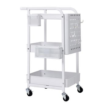 3-Tier Rolling Cart with Peg board Hooks Baskets White