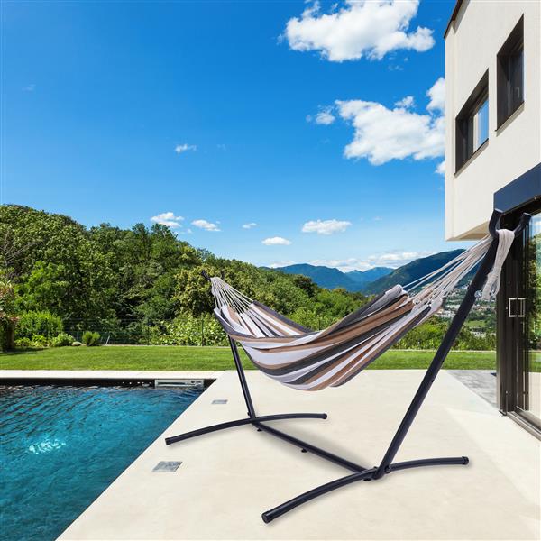 112"Large Size  Classic Hammock with Stand for 2 Person- Indoor or Outdoor Use-with Carrying Pouch-Powder-coated Steel Frame - Durable 450 Pound Capacity，Brown/Gray Striped