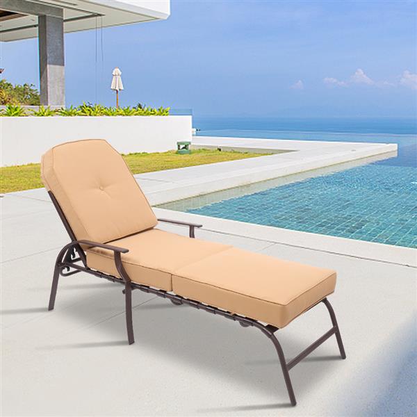 Adjustable Outdoor Steel Patio Chaise Lounge Chair with 5 Positions, UV-Resistant Cushions Beige