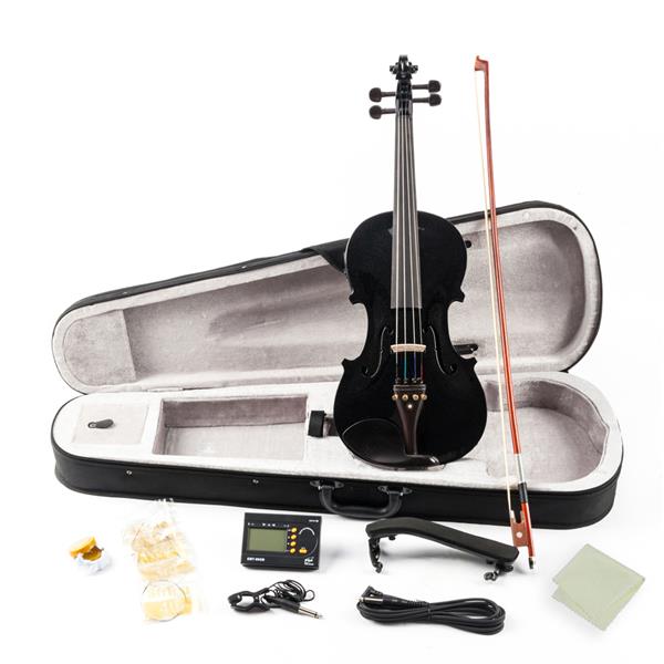 [Do Not Sell on Amazon]Glarry GV102 4/4 Solid Wood EQ Violin Case Bow Violin Strings Shoulder Rest Electronic Tuner Connecting Wire Cloth Black
