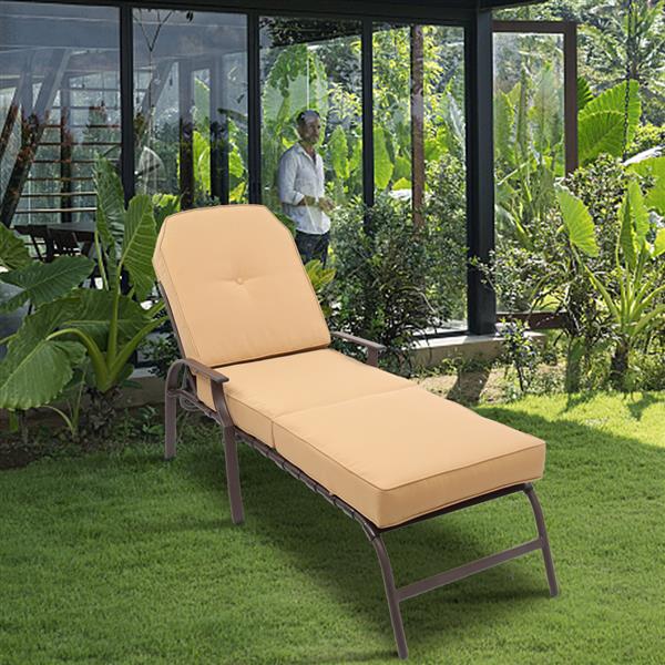 Adjustable Outdoor Steel Patio Chaise Lounge Chair with 5 Positions, UV-Resistant Cushions Beige