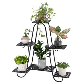 Artisasset One Lacquered 31-inch High Arched 4-Layer 6-Seat Potted Plant Stand with Patterned Layout Black (YH-HJ024)
