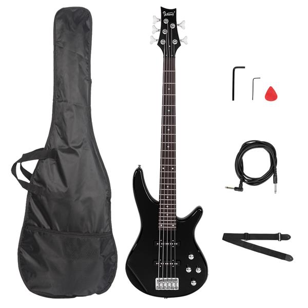 [Do Not Sell on Amazon]Glarry GIB Electric 5 String Bass Guitar Full Size Bag Strap Pick Connector Wrench Tool Black