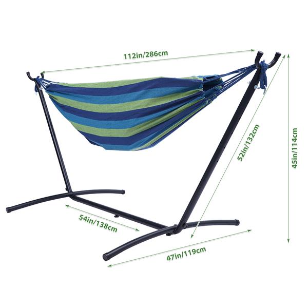 112" Large Size Double Classic Hammock with Stand for 2 Person- Indoor or Outdoor Use-with Carrying Pouch-Powder-coated Steel Frame - Durable 450 Pound Capacity，Blue/Green Striped