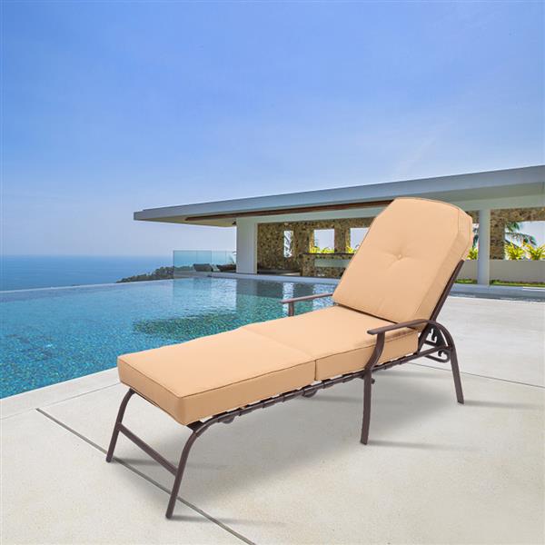 Adjustable Outdoor Steel Patio Chaise Lounge Chair with 5 Positions, UV-Resistant Cushions Beige