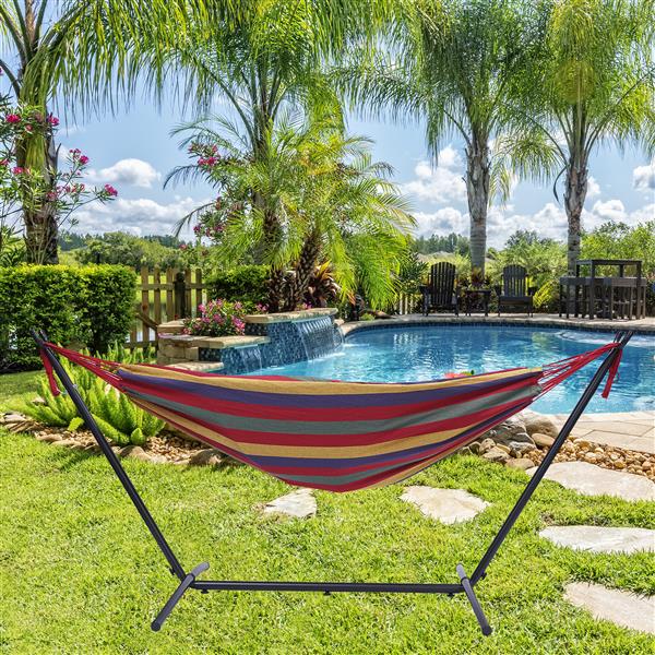 112" Large Size Double Classic Hammock with Stand for 2 Person- Indoor or Outdoor Use-with Carrying Pouch-Powder-coated Steel Frame - Durable 450 Pound Capacity，Red Striped