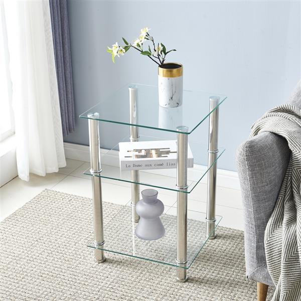 42*42*61cm Three-layer Tempered Glass Stainless Steel Tube Square Side Table