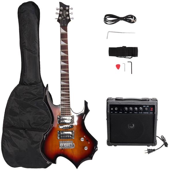 [Do Not Sell on Amazon]Glarry Flame Shaped Electric Guitar with 20W Electric Guitar Sound HSH Pickup Novice Guitar   Audio   Bag   Strap   Picks   Shake   Cable   Wrench Tool Sunset Color