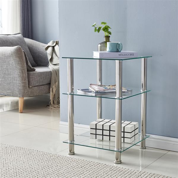42*42*61cm Three-layer Tempered Glass Stainless Steel Tube Square Side Table