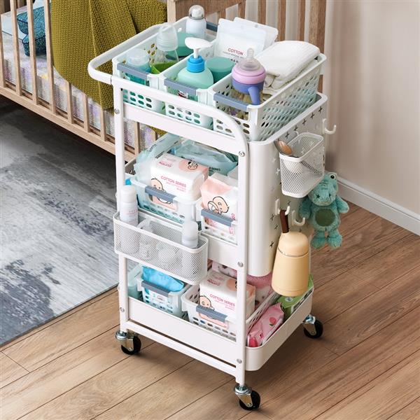 3-Tier Rolling Cart with Peg board Hooks Baskets White