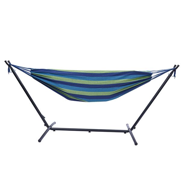 112" Large Size Double Classic Hammock with Stand for 2 Person- Indoor or Outdoor Use-with Carrying Pouch-Powder-coated Steel Frame - Durable 450 Pound Capacity，Blue/Green Striped