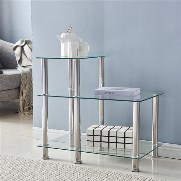66*40*61cm Three-layer Stepped Tempered Glass Stainless Steel Tube Rectangle Side Table