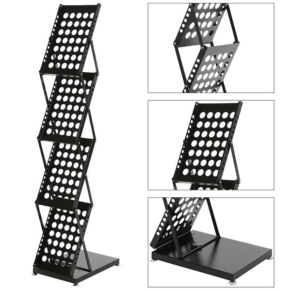 4-Tier Modern Folding Portable Metal Magazine Rack (Black)