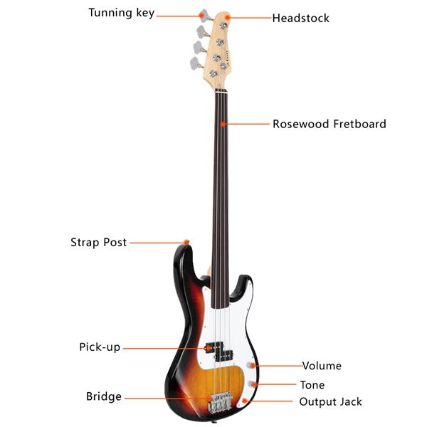 [Do Not Sell on Amazon]Glarry Fretless Electric Bass Guitar Full Size 4 String for experienced Bass Players Cord Wrench Tool Sunset Color