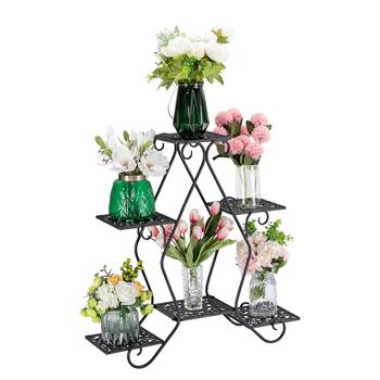 Artisasset One Black Paint 30.3 Inch High Pentagon 3 Layers 5 Seats Potted Plant Stand  With Pattern Layout