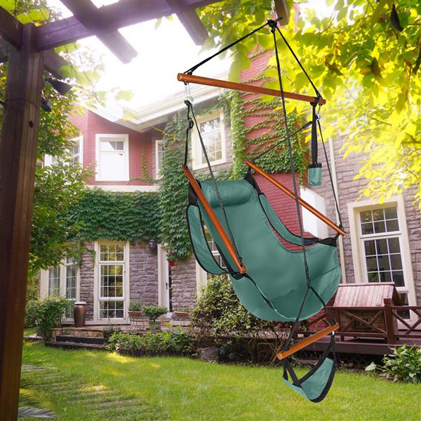 Oxford Cloth Hardwood With Cup Holder Wooden Stick Perforated 100kg Seaside Courtyard Oxford Cloth Hanging Chair   Green