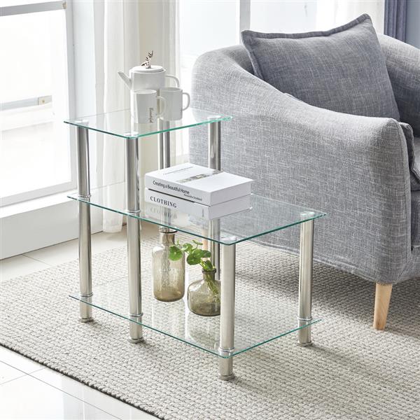 66*40*61cm Three-layer Stepped Tempered Glass Stainless Steel Tube Rectangle Side Table