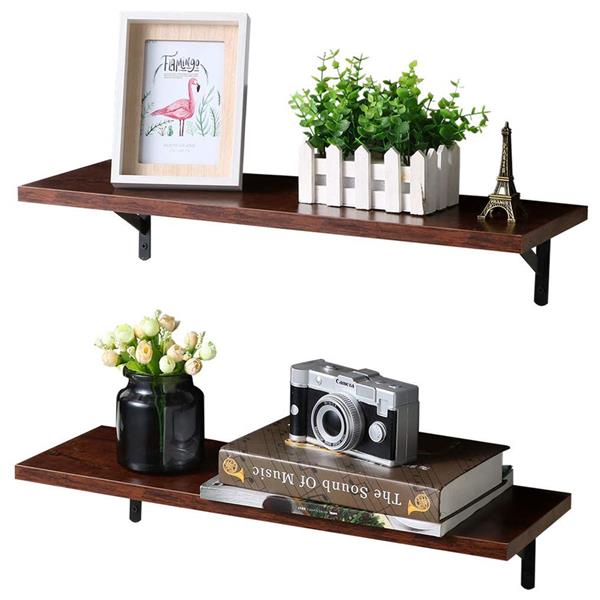 2 Display Ledge Shelf Floating Shelves Wall Mounted  with Bracket for Pictures and Frames Modern Home Decorative Brown