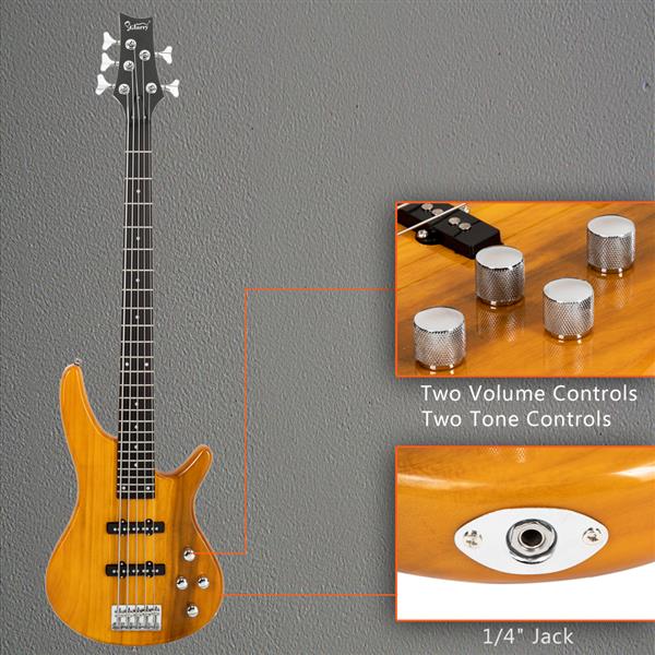 [Do Not Sell on Amazon]Glarry GIB Electric 5 String Bass Guitar Full Size Bag   Strap   Pick   Connector   Wrench Tool Transparent Yellow