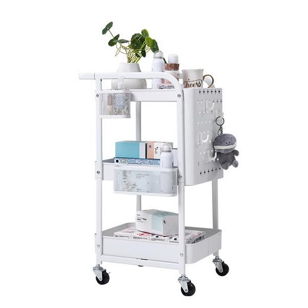 3-Tier Rolling Cart with Peg board Hooks Baskets White