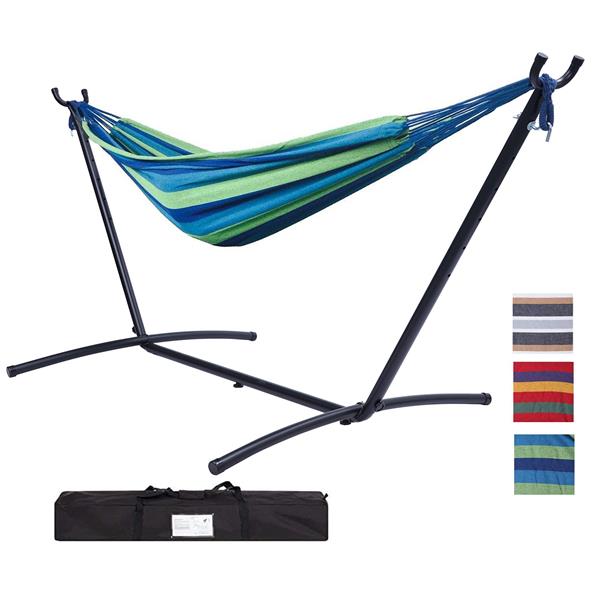 112" Large Size Double Classic Hammock with Stand for 2 Person- Indoor or Outdoor Use-with Carrying Pouch-Powder-coated Steel Frame - Durable 450 Pound Capacity，Blue/Green Striped