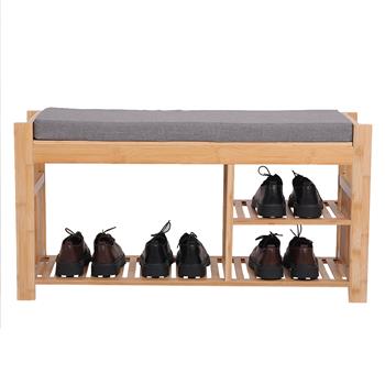 100% Bamboo Shoe Stool With Cushion, Three-Layer Entrance Bench With Shoe Rack, Shoe Stool With Storage Rack In Bedroom And Bathroom 29.2 * 96 * 49cm Natural