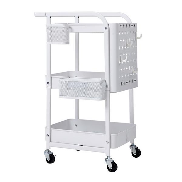 3-Tier Rolling Cart with Peg board Hooks Baskets White