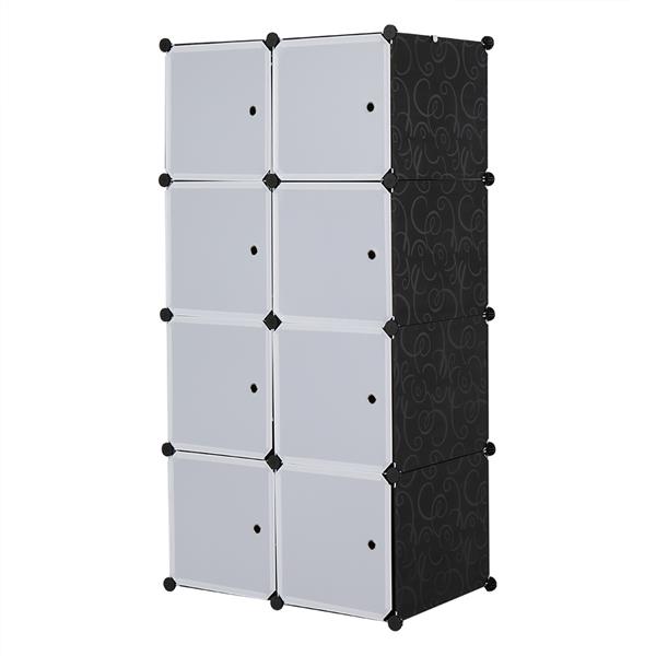 8 Cube Organizer Stackable Plastic Cube Storage Shelves Design Multifunctional Modular Closet Cabinet with Hanging Rod White Doors and Black Panels