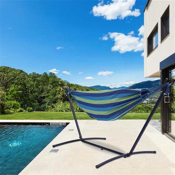 112" Large Size Double Classic Hammock with Stand for 2 Person- Indoor or Outdoor Use-with Carrying Pouch-Powder-coated Steel Frame - Durable 450 Pound Capacity，Blue/Green Striped