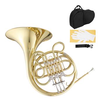 [Do Not Sell on Amazon]Glarry F-Key Single French Horn 3 Key Brass Gold Lacquer Single-Row Integrated French Horn with Cupronickel Mouthpiece