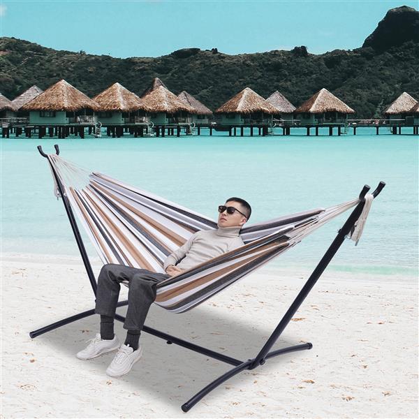 112"Large Size  Classic Hammock with Stand for 2 Person- Indoor or Outdoor Use-with Carrying Pouch-Powder-coated Steel Frame - Durable 450 Pound Capacity，Brown/Gray Striped