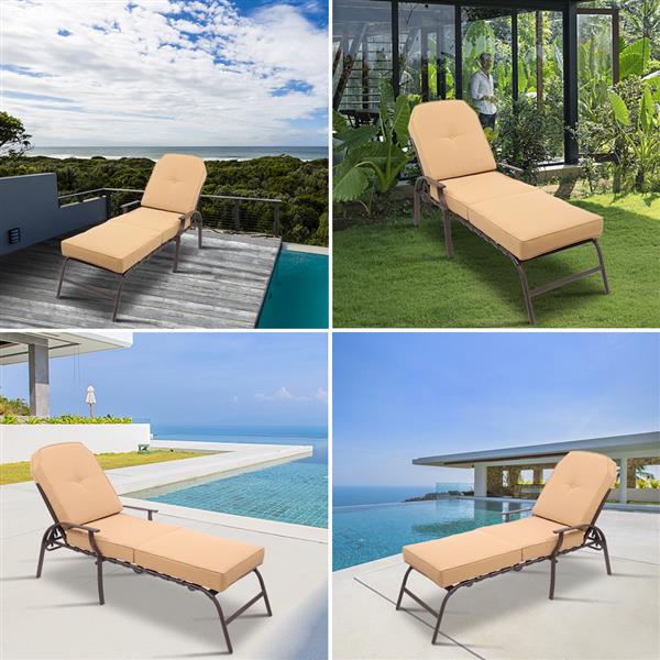 Adjustable Outdoor Steel Patio Chaise Lounge Chair with 5 Positions, UV-Resistant Cushions Beige