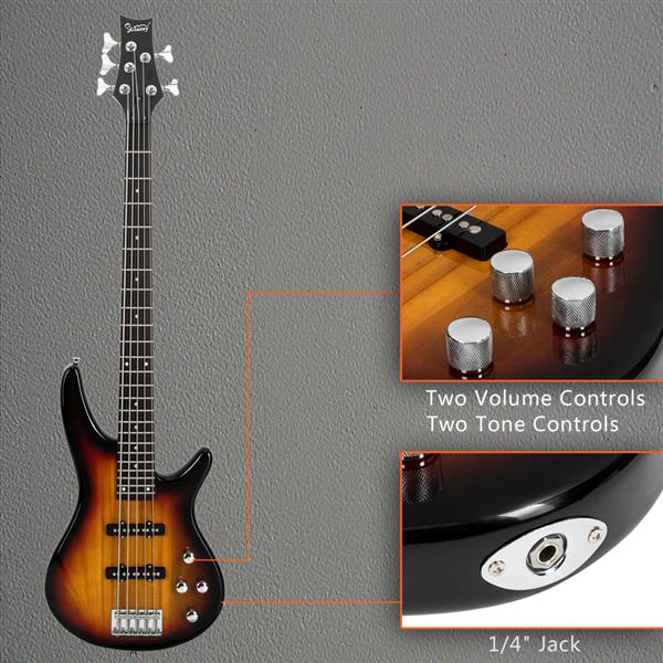 [Do Not Sell on Amazon]Glarry GIB Electric 5 String Bass Guitar Full Size Bag   Strap   Pick   Connector   Wrench Tool Sunset Color