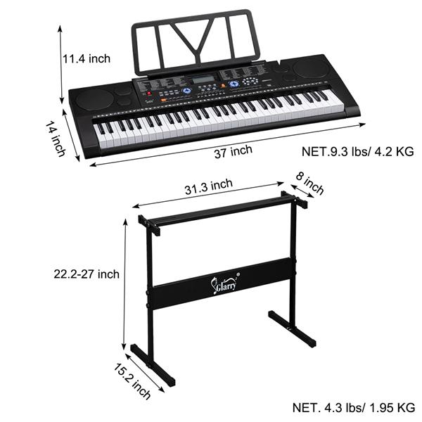 [Do Not Sell on Amazon]Glarry GEP-102 61 Key Portable Keyboard with Piano Stand, Built In Speakers, Headphone, Microphone, Music Rest, LCD Screen, USB Port & Teaching Modes for Beginners