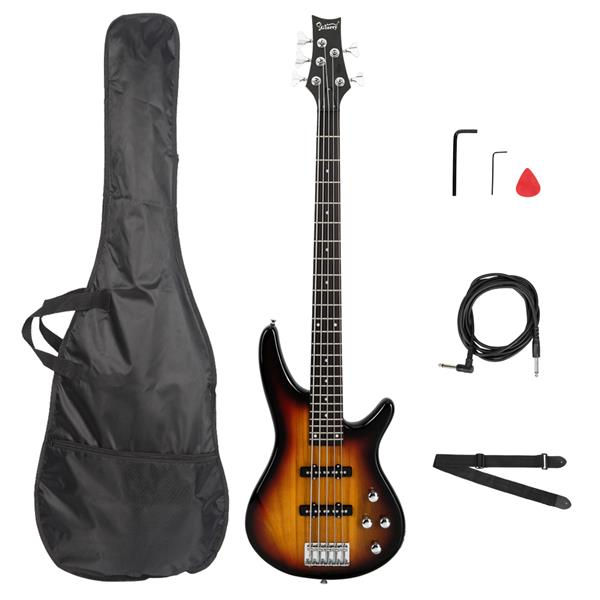 [Do Not Sell on Amazon]Glarry GIB Electric 5 String Bass Guitar Full Size Bag   Strap   Pick   Connector   Wrench Tool Sunset Color