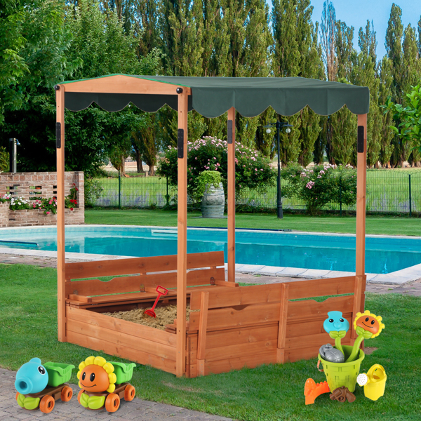 Wooden Sandbox with Convertible Cover Kids Outdoor Backyard Bench Play Sand Box