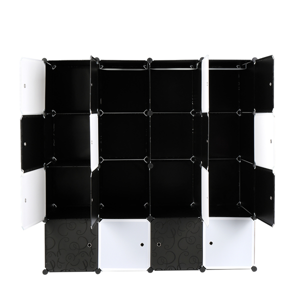 16 Cube Organizer Stackable Plastic Cube Storage Shelves Design Multifunctional Modular Closet Cabinet with Hanging Rod Black and White