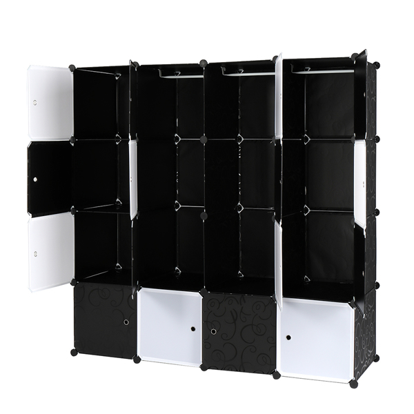 16 Cube Organizer Stackable Plastic Cube Storage Shelves Design Multifunctional Modular Closet Cabinet with Hanging Rod Black and White