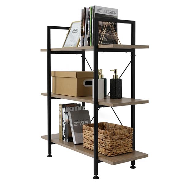 3-Tier Industrial Bookcase and Book Shelves, Vintage Wood and Metal Bookshelves,Gray