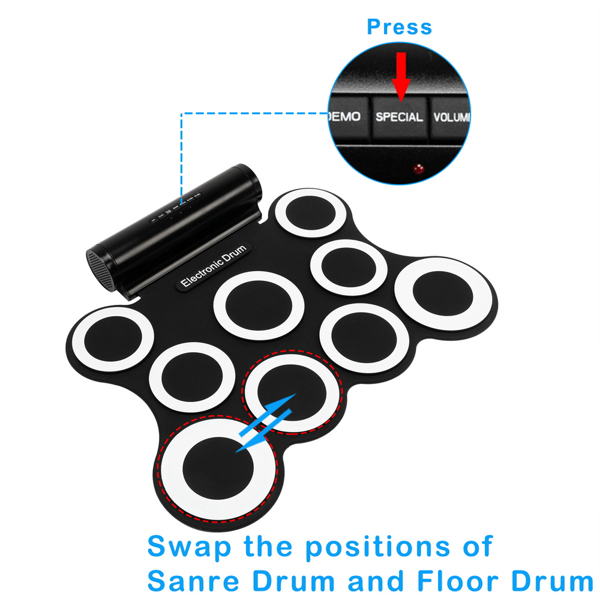 9 Pads Electronic Drum Set with Headphone Jack, Built in Speaker, Drum Stick, Foot Pedals, Best Gift for Holiday Birthday Black & White